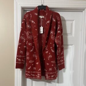 NWT Lucky Brand Red Patterned Cardigan, size Medium